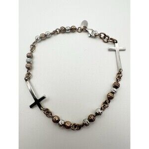 Dyadema Sterling Silver Rose Gold Hammered Bead Cross Charm Bracelet 7.75”